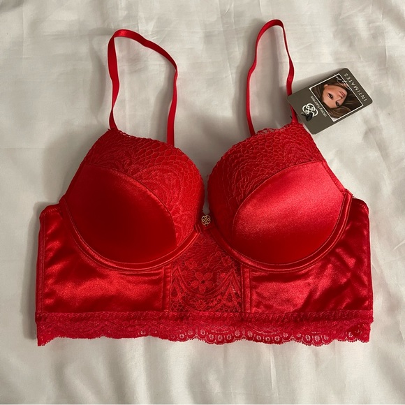 Red satin lace long line bra and panty two piece set - Picture 2 of 7